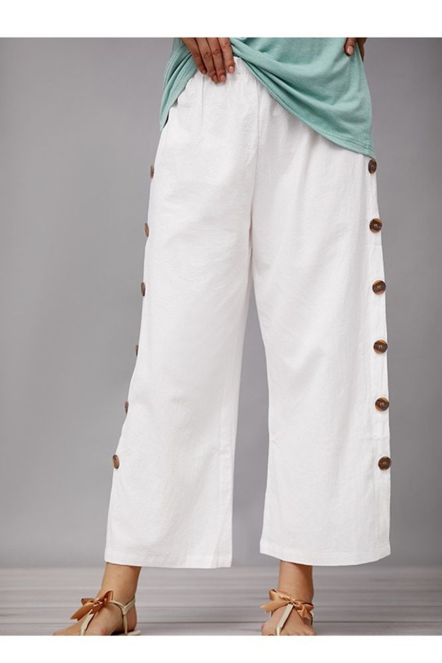 Clothing Azzlee Pants | Plain Buttons Casual Straight Leg Pants White