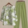 Clothing Azzlee | Casual Round Neck Plant Printed Long Sleeve Two Piece Sets Green