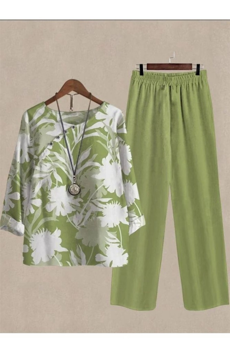 Clothing Azzlee | Casual Round Neck Plant Printed Long Sleeve Two Piece Sets Green