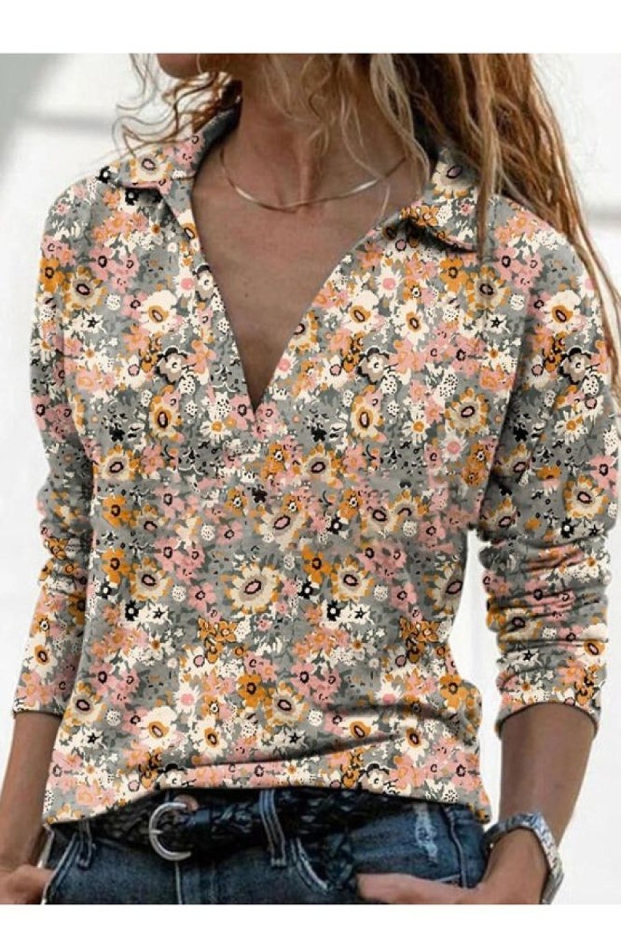 Clothing Azzlee Sweatshirt & Hoodies | Casual Graphic Tops V Neck Floral Printed Long Sleeve Blouse Orange