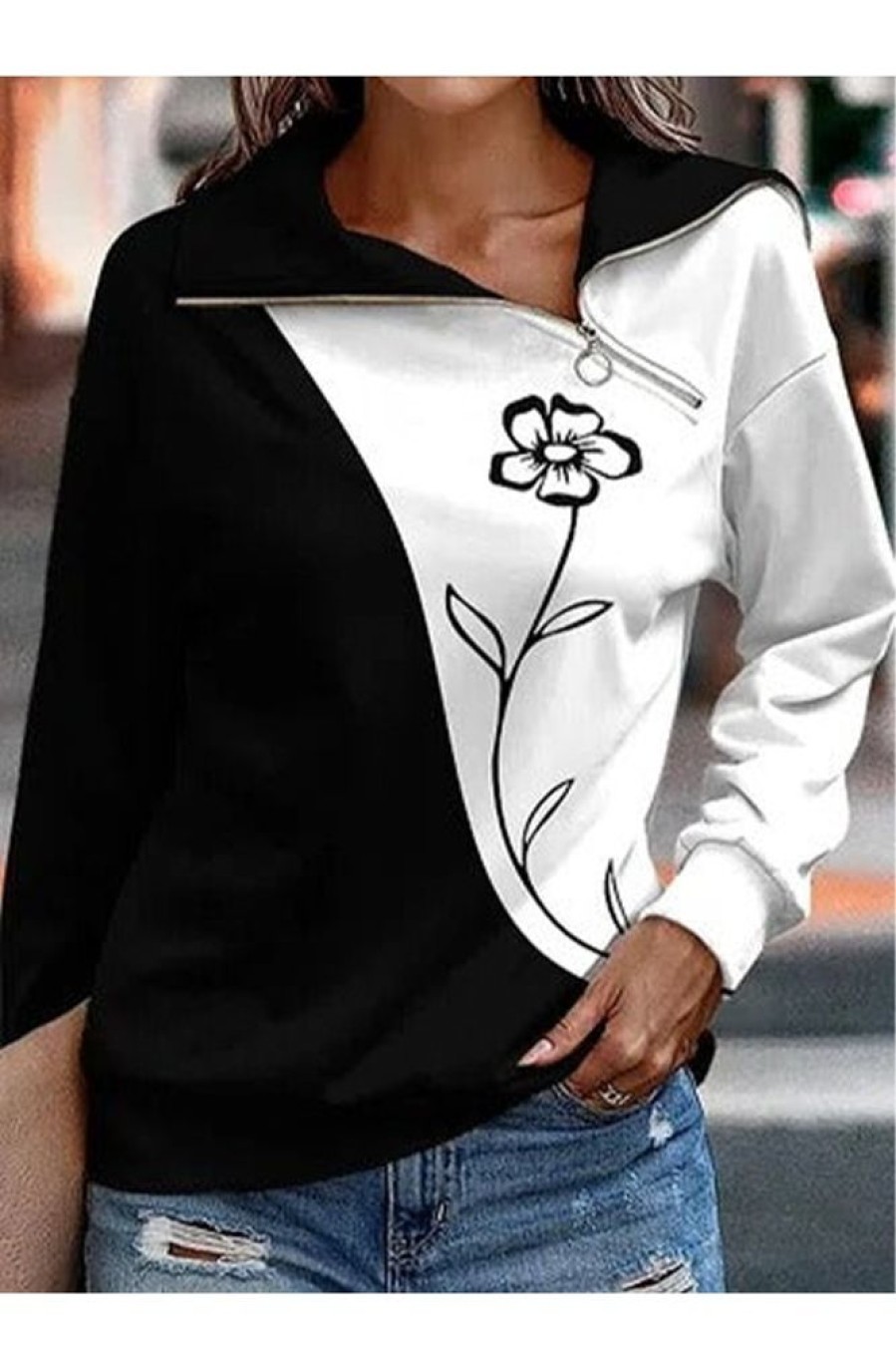 Clothing Azzlee Sweatshirt & Hoodies | Casual Graphic Tops Lapel Long Sleeve Floral Printed Sweatshirts Black-White