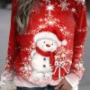 Clothing Azzlee Sweatshirt & Hoodies | Casual Graphic Tops Round Neck Long Sleeve Snowman Printed Xmas Sweatshirts Red