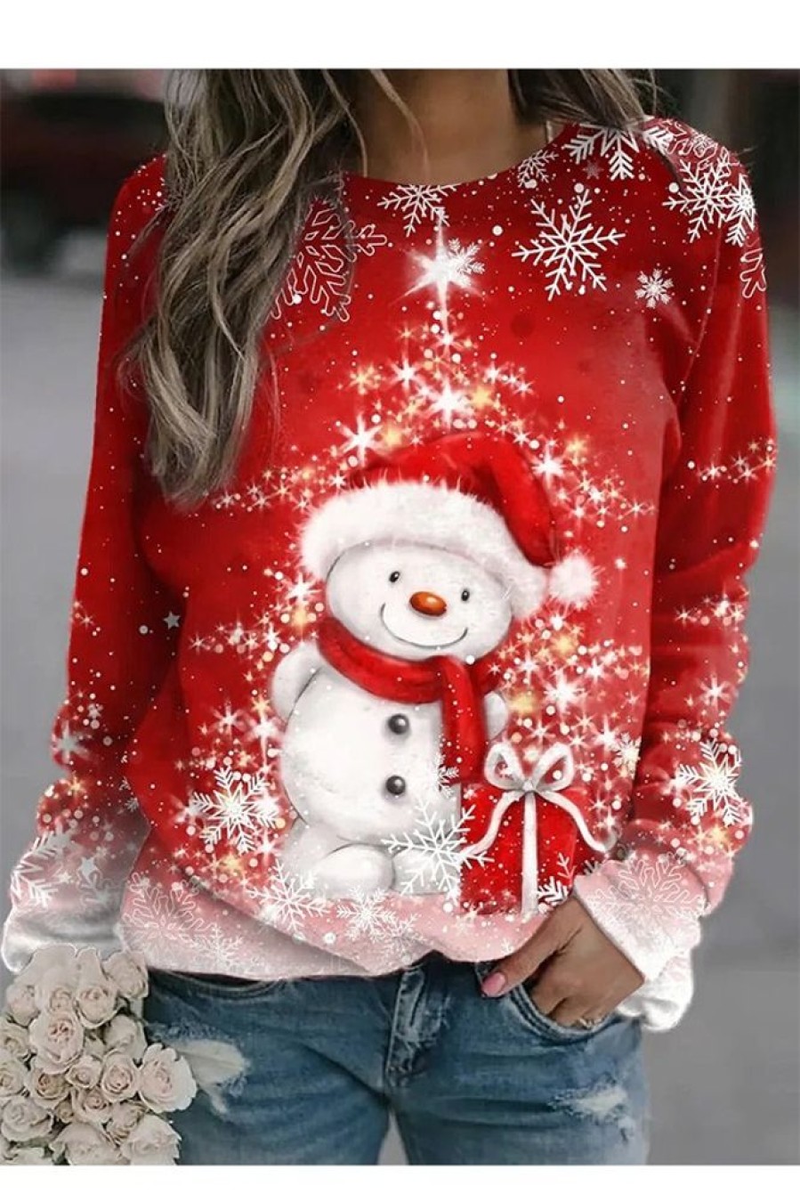 Clothing Azzlee Sweatshirt & Hoodies | Casual Graphic Tops Round Neck Long Sleeve Snowman Printed Xmas Sweatshirts Red