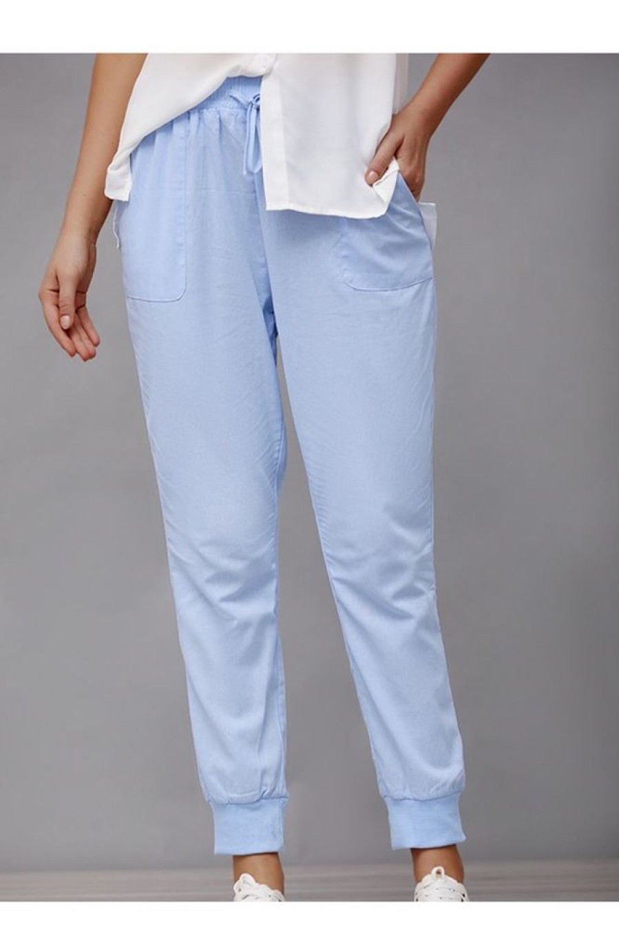 Clothing Azzlee Pants | Cotton Solid Color With Pockets Sashes Casual Pants Blue