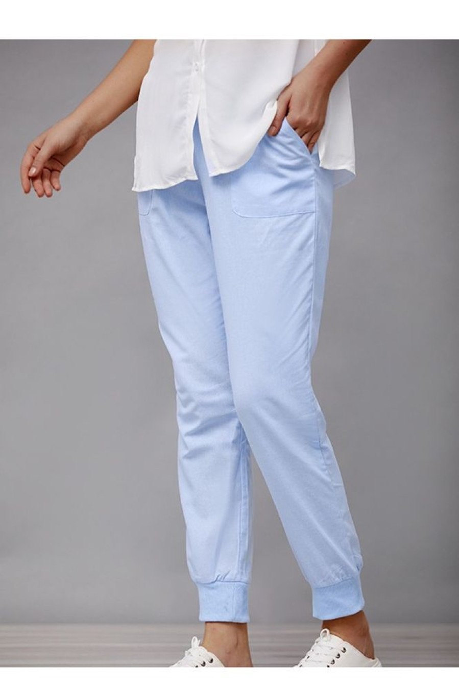 Clothing Azzlee Pants | Cotton Solid Color With Pockets Sashes Casual Pants Blue