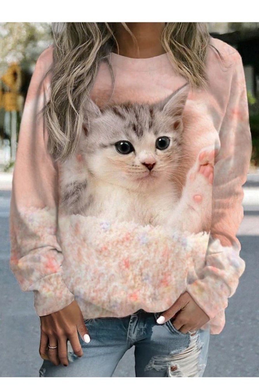 Clothing Azzlee Sweatshirt & Hoodies | Cute Cat Print Casual Pullover Sweatshirt Pink