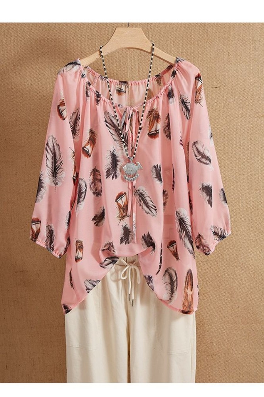 Clothing Azzlee Blouse & Shirts | V-Neck Feather Print Casual Long Sleeve Plus Size Blouse