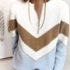 Clothing Azzlee Sweater & Cardigans | Casual Tops V-Neck Long Sleeve Stripe Printed Sweater White