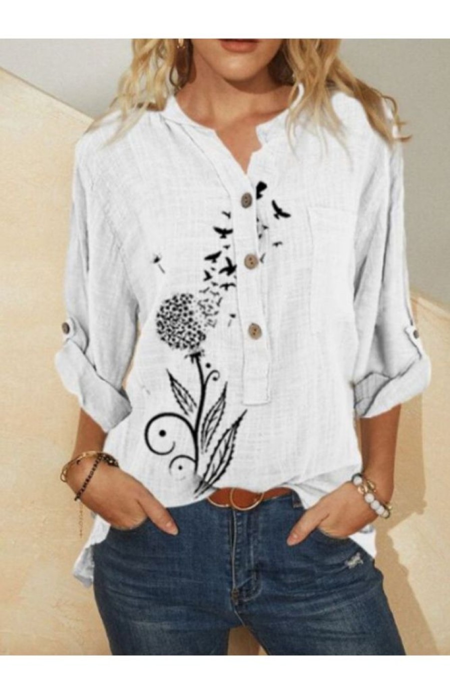 Clothing Azzlee Sweatshirt & Hoodies | Casual V Neck Printed Long Sleeve Blouse White