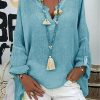 Clothing Azzlee Blouse & Shirts | Casual Cotton Linen Solid Color V-Neck Long Sleeve Blouse Blue