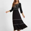 Clothing Azzlee Maxi Dresses | Black 3/4 Length Sleeve Square Neck Embroidered Modest Maxi Dress As Picture