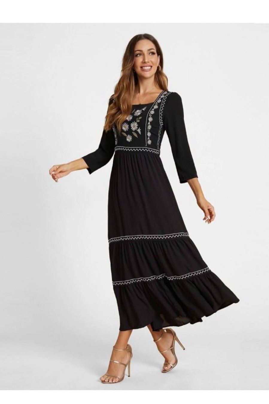 Clothing Azzlee Maxi Dresses | Black 3/4 Length Sleeve Square Neck Embroidered Modest Maxi Dress As Picture