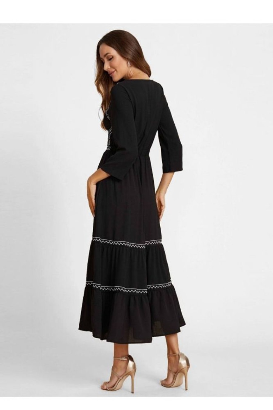 Clothing Azzlee Maxi Dresses | Black 3/4 Length Sleeve Square Neck Embroidered Modest Maxi Dress As Picture