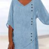 Clothing Azzlee Blouse & Shirts | Casual V Neck Half Sleeve Solid Blouse With Buttons Blue