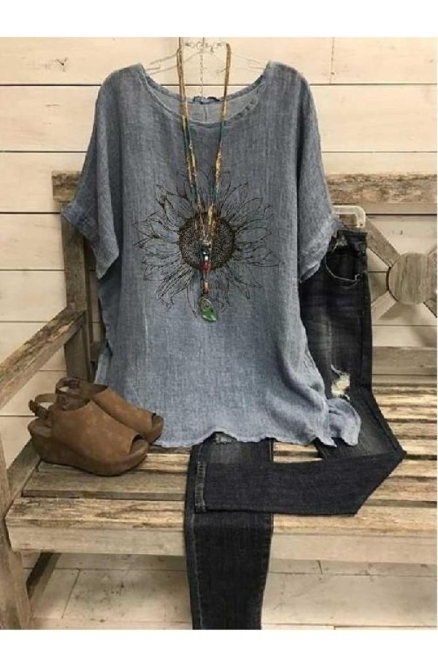 Clothing Azzlee T-Shirts | Casual Round Neck Sun Flower Printed T-Shirt Gray