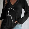 Clothing Azzlee Sweatshirt & Hoodies | Cute Cat Silhouette Casual Long-Sleeve V-Neck T-Shirt Black