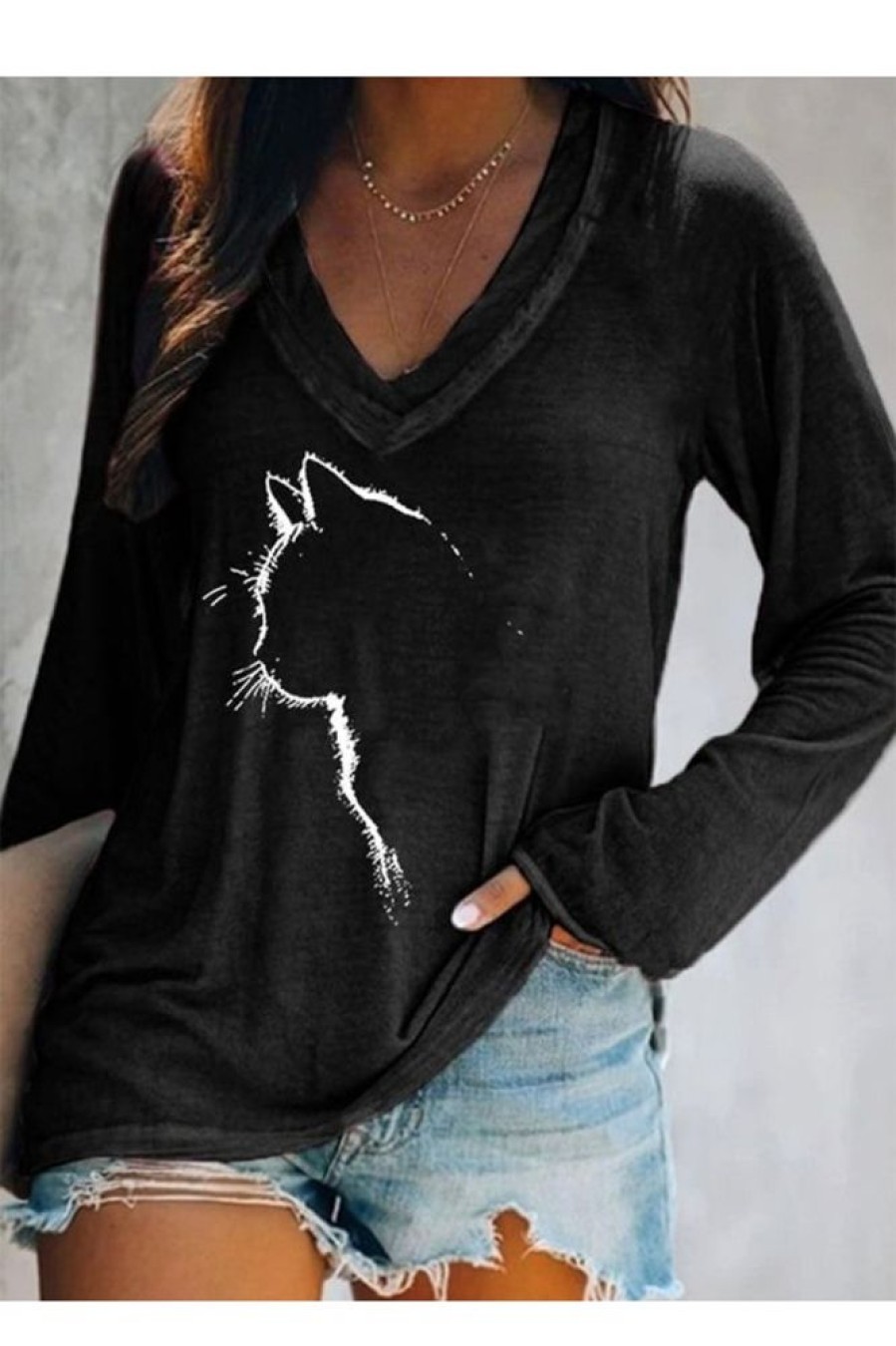 Clothing Azzlee Sweatshirt & Hoodies | Cute Cat Silhouette Casual Long-Sleeve V-Neck T-Shirt Black