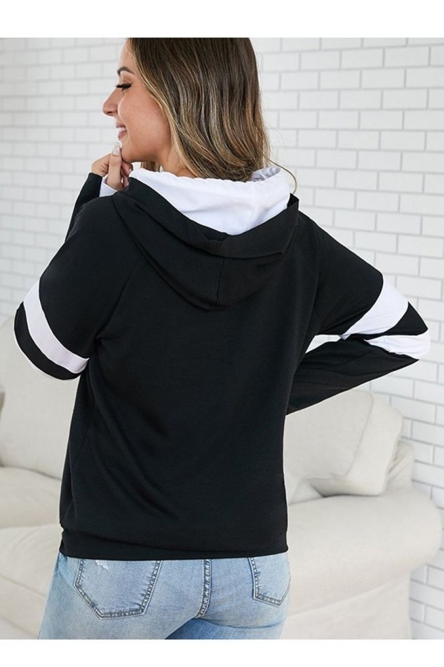 Clothing Azzlee Sweatshirt & Hoodies | Elbow Patchwork Zipper Casual Hoodie Sweatshirt Black