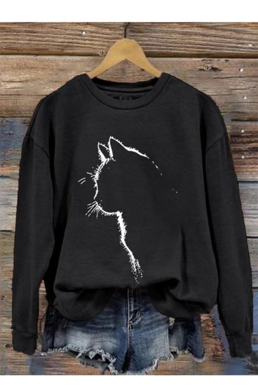 Clothing Azzlee Sweatshirt & Hoodies | Cute Cat Silhouette Casual Sweatshirt Black