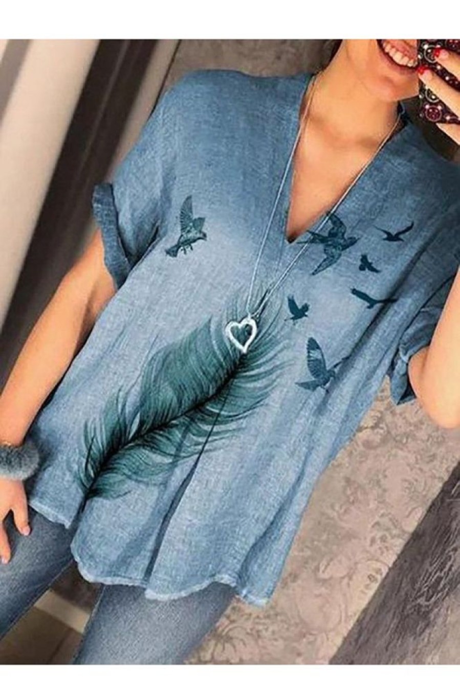 Clothing Azzlee Blouse & Shirts | Casual V-Neck Plant Print Casual Short Sleeve Blouse