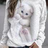 Clothing Azzlee Sweatshirt & Hoodies | Crew Neck Cat Print Casual Sweatshirt White