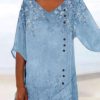 Clothing Azzlee Blouse & Shirts | Casual V Neck Floral Printed Half Sleeve Blouse Blue