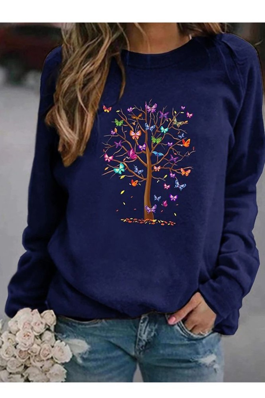 Clothing Azzlee Sweatshirt & Hoodies | Casual Graphic Tops Round Neck Long Sleeve Tree Printed Sweatshirts Navy Blue