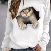 Clothing Azzlee Sweatshirt & Hoodies | Casual Graphic Tops Round Neck Long Sleeve Cat Printed Sweatshirts White