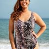 Clothing Azzlee Plus Size | Plus Size Jaguar V Neck Backless One Piece Swimsuit Coffee