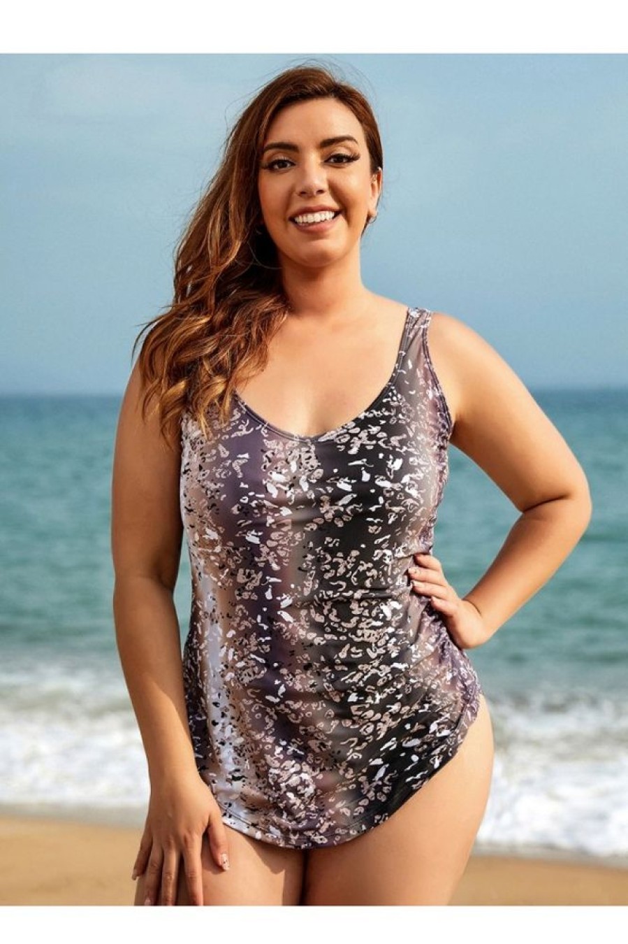 Clothing Azzlee Plus Size | Plus Size Jaguar V Neck Backless One Piece Swimsuit Coffee