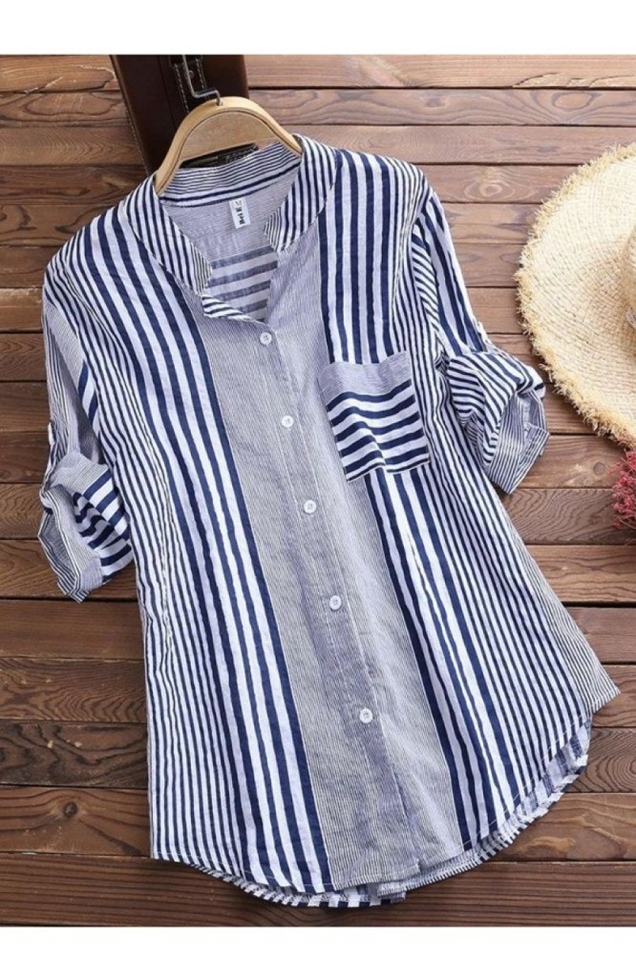 Clothing Azzlee Blouse & Shirts | Stand Collar Stripe 3/4 Sleeve Casual Printed Shirt