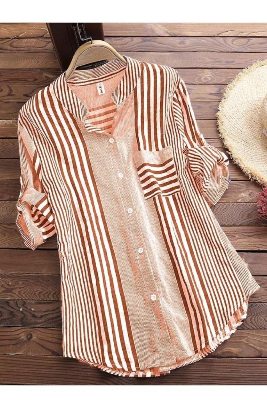 Clothing Azzlee Blouse & Shirts | Stand Collar Stripe 3/4 Sleeve Casual Printed Shirt