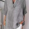 Clothing Azzlee Blouse & Shirts | Solid Color V-Neck Cotton Shirt Pullover Blouse Gray