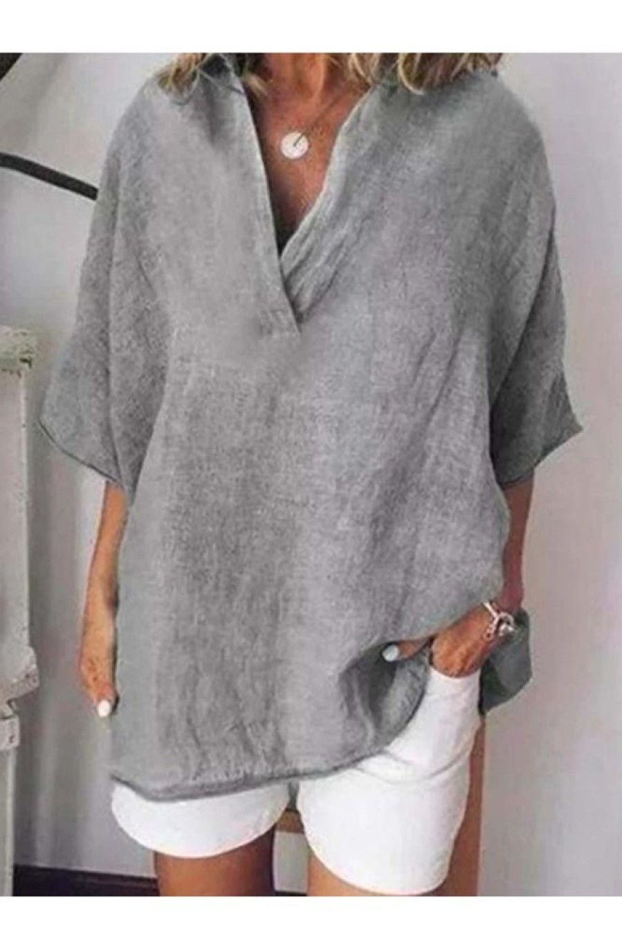 Clothing Azzlee Blouse & Shirts | Solid Color V-Neck Cotton Shirt Pullover Blouse Gray