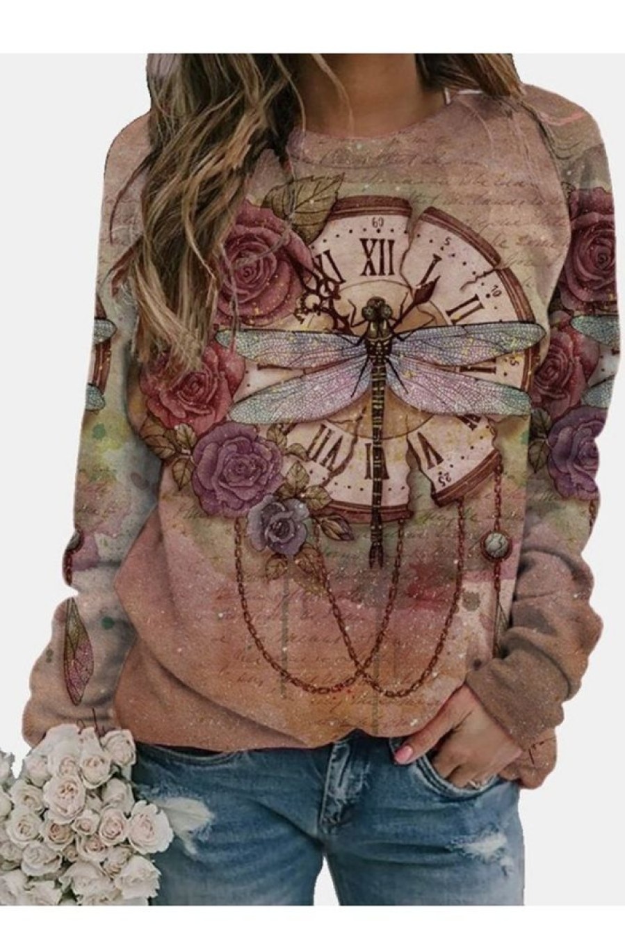 Clothing Azzlee Sweatshirt & Hoodies | Dragonfly Floral Print Long Sleeve Sweatshirt Coffee