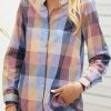 Clothing Azzlee Sweatshirt & Hoodies | Plaid Buttons Casual Stand Collar Long Sleeve Blouse Red