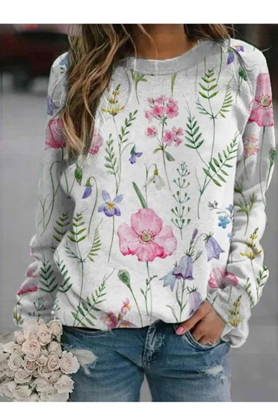 Clothing Azzlee Sweatshirt & Hoodies | Casual Graphic Tops Round Neck Long Sleeve Floral Printed Sweatshirts Pink