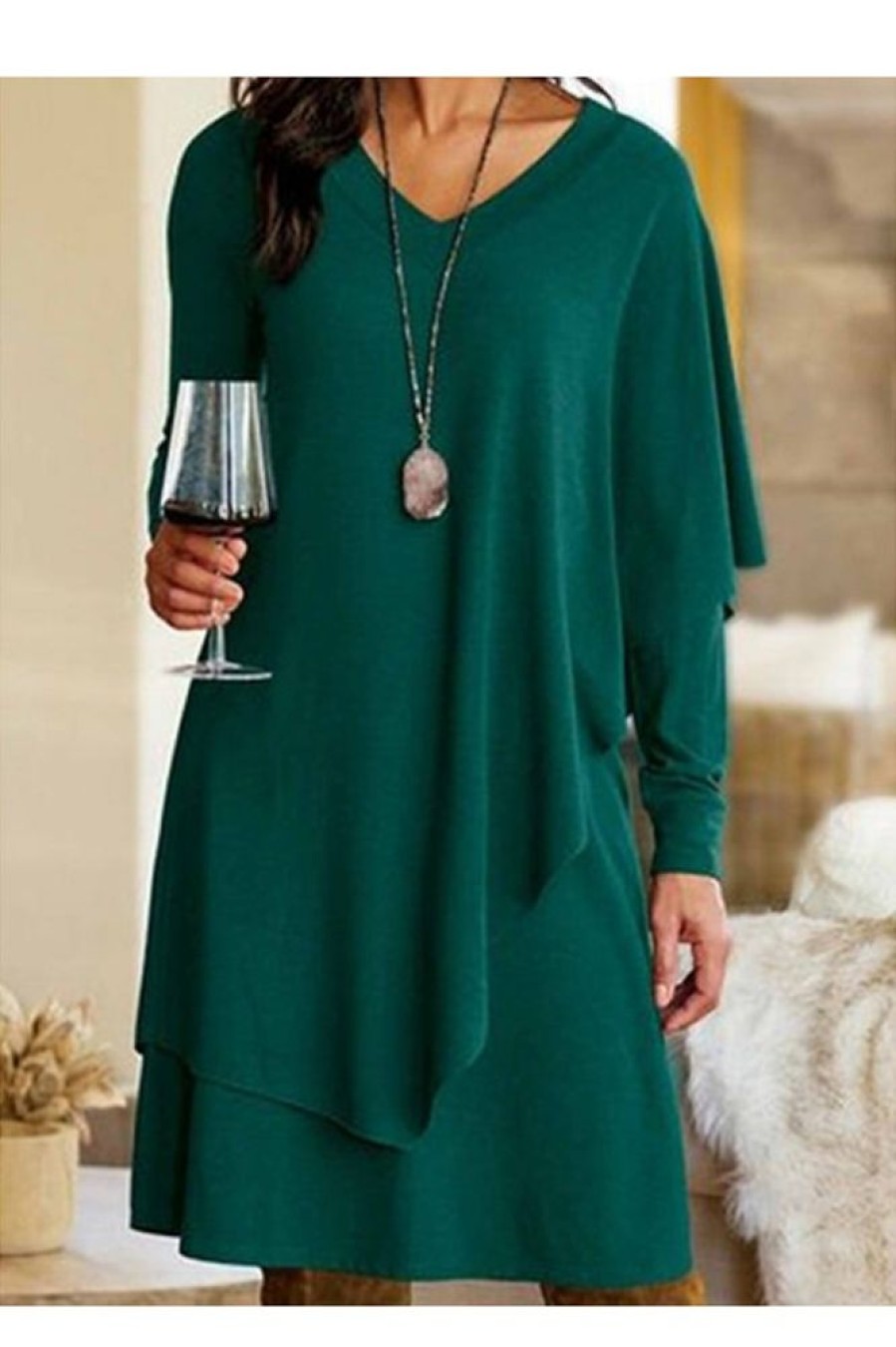 Clothing Azzlee Midi Dresses | V Neck Long Sleeve Loose Fit Midi Dress Green