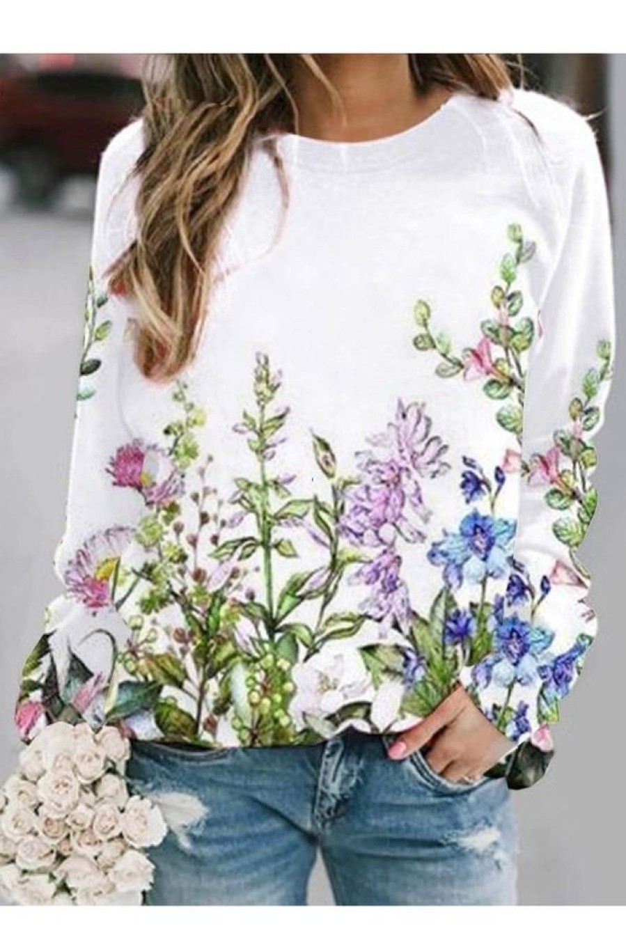 Clothing Azzlee Sweatshirt & Hoodies | Casual Graphic Tops Round Neck Long Sleeve Floral Printed Sweatshirts White