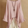 Clothing Azzlee Blouse & Shirts | Crew Neck Solid Casual Long Sleeve Plus Size Blouse Pink