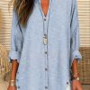 Clothing Azzlee Blouse & Shirts | Casual V Neck Stripe Long Sleeve Blouse Light Blue