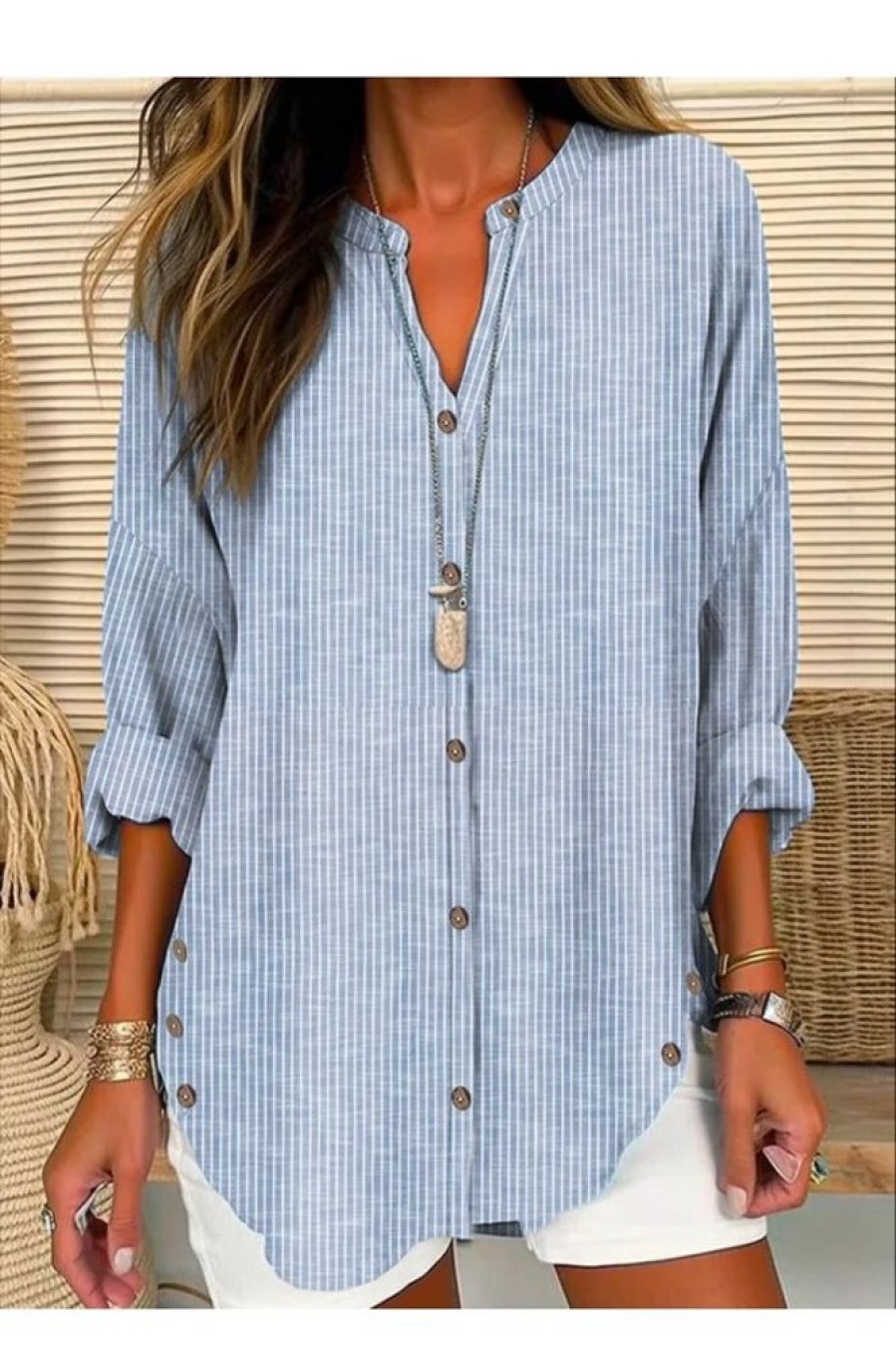 Clothing Azzlee Blouse & Shirts | Casual V Neck Stripe Long Sleeve Blouse Light Blue