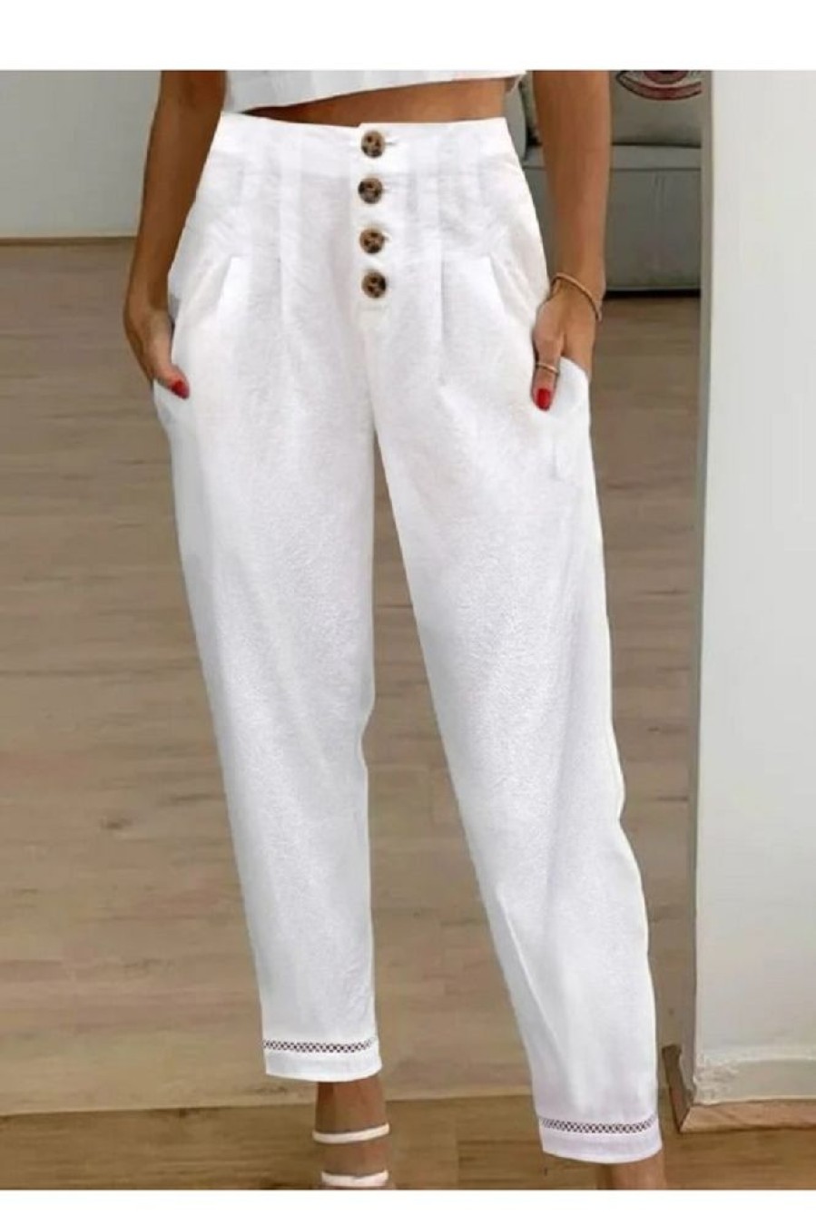 Clothing Azzlee Pants | Casual Solid Lace Cropped Pants White