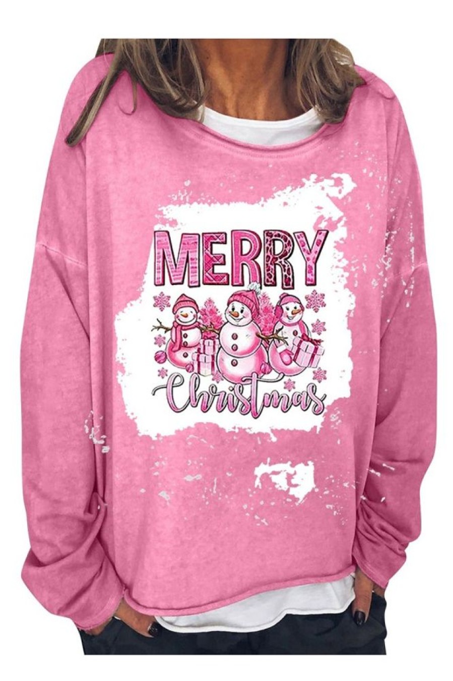 Clothing Azzlee Sweatshirt & Hoodies | Christmas Round Neck Printed Long Sleeve Sweatshirt Pink