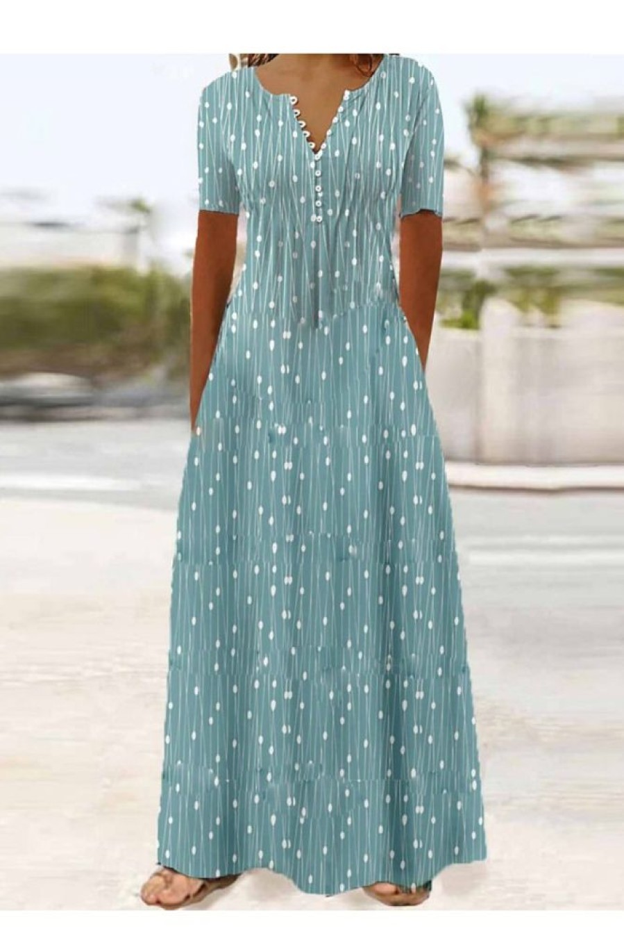 Clothing Azzlee Maxi Dresses | Casual Short Sleeve V-Neck Button Pocket Maxi Dress Blue