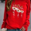 Clothing Azzlee Sweatshirt & Hoodies | Casual Graphic Tops Round Neck Long Sleeve Floral Printed Sweatshirts Red