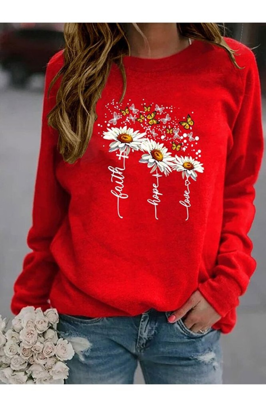 Clothing Azzlee Sweatshirt & Hoodies | Casual Graphic Tops Round Neck Long Sleeve Floral Printed Sweatshirts Red