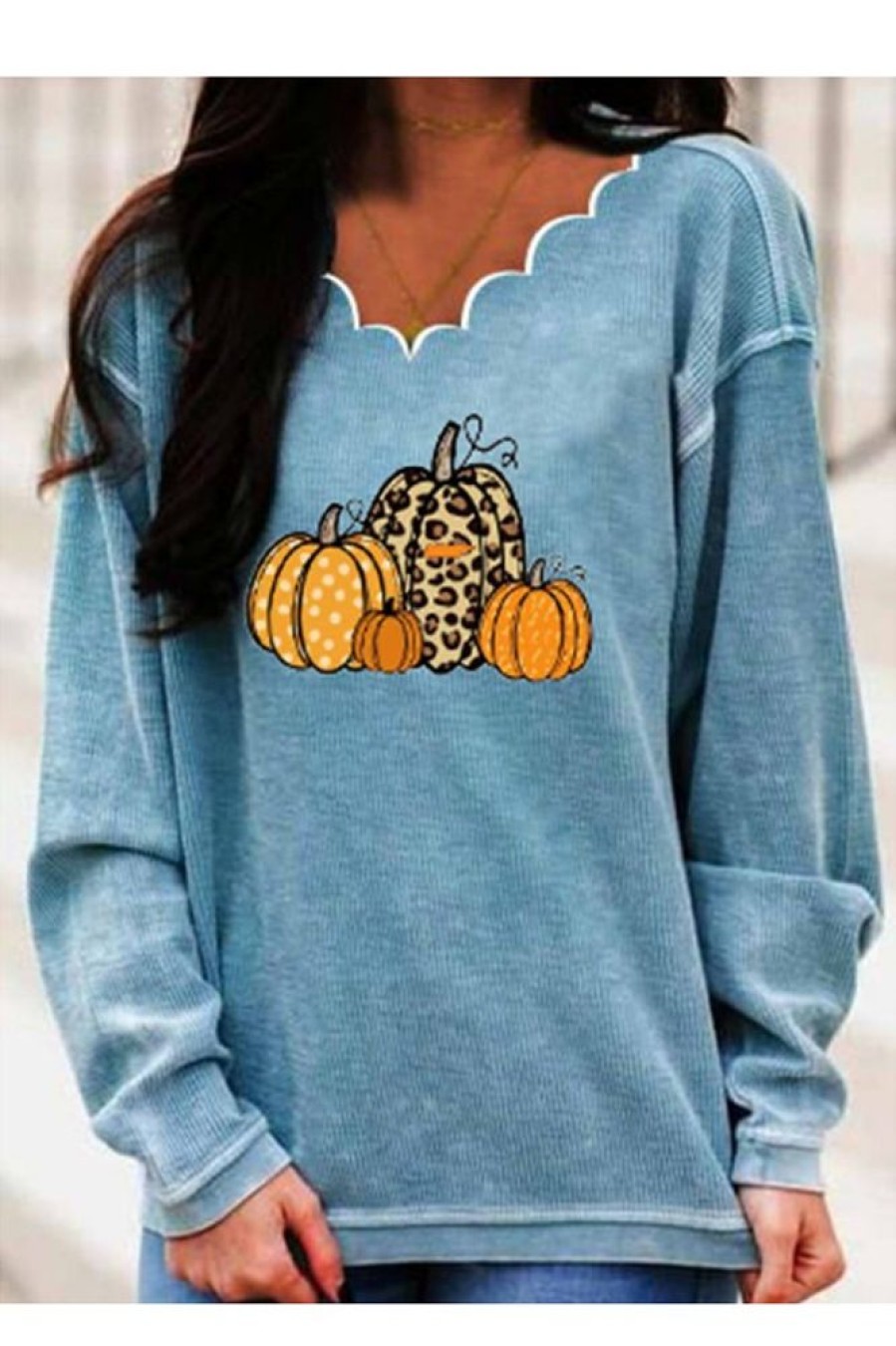 Clothing Azzlee Sweatshirt & Hoodies | Long Sleeve V-Neck Pumpkin Printed Sweatshirt Sky Blue