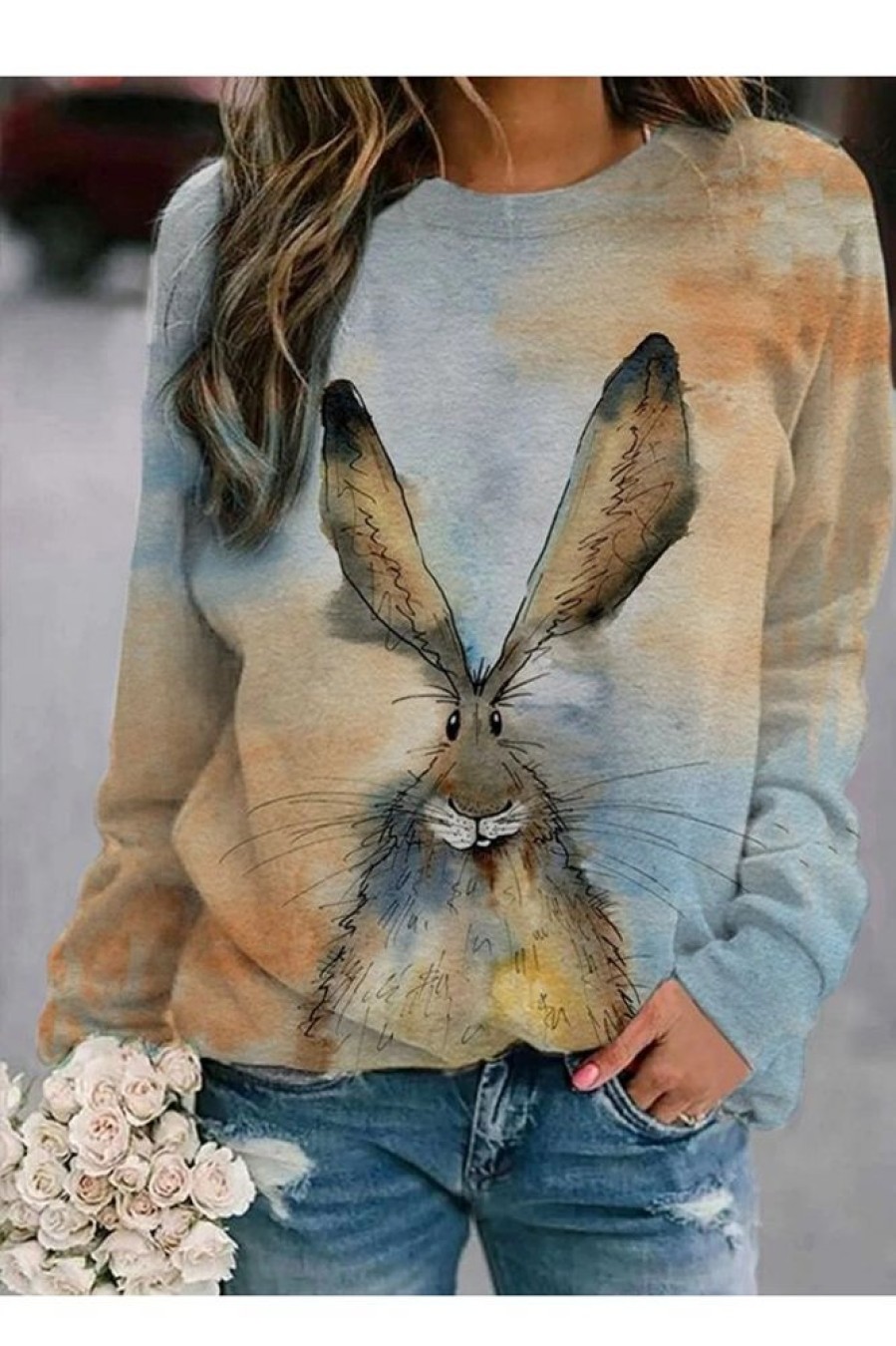 Clothing Azzlee Sweatshirt & Hoodies | Casual Round Neck Rabbit Printed Long Sleeve Sweatshirts Blue