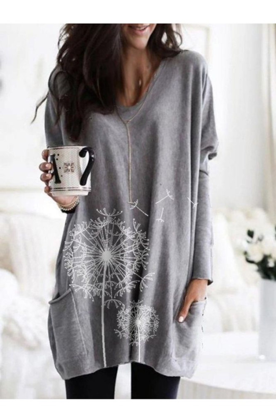 Clothing Azzlee Sweatshirt & Hoodies | V-Neck Tops Plant Printed Casual Long Sleeve Sweatshirts